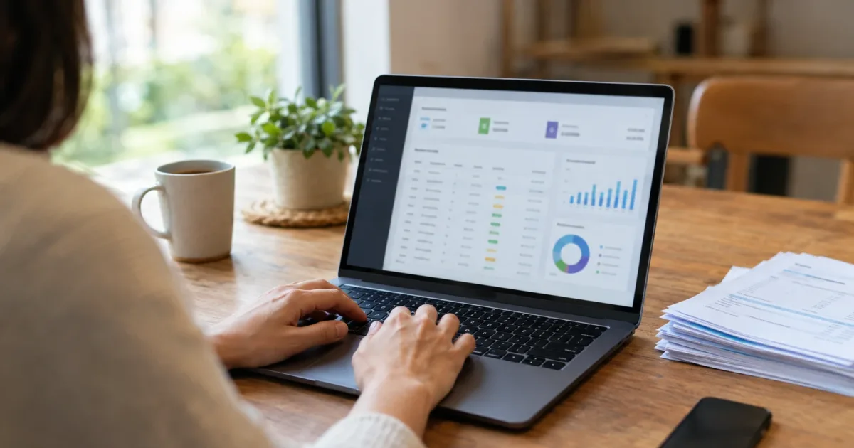 Mains sur un ordinateur portable affichant un tableau de factures et paiements, documents imprimés posés à côté