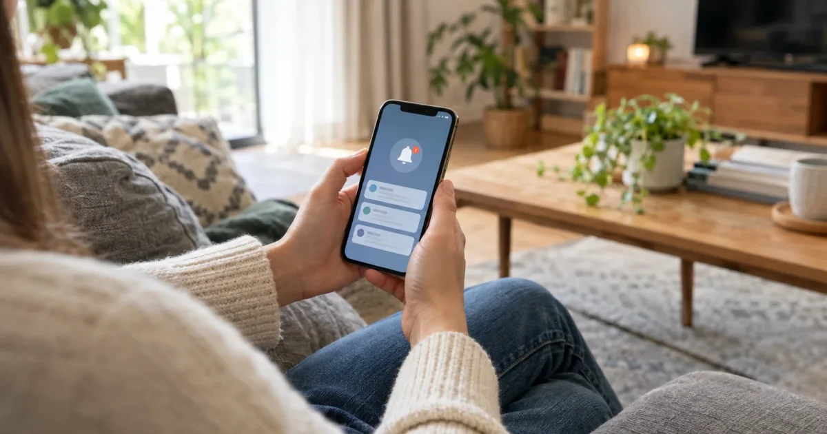 Mains d'un particulier validant une demande de paiement sur son smartphone dans son salon